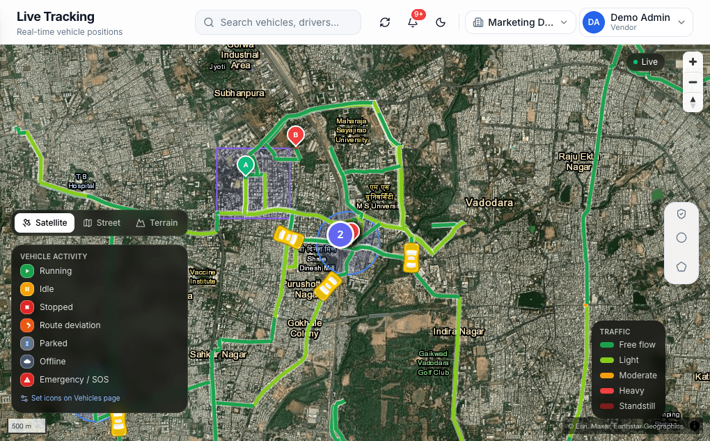 BhugoliX Tracks live GPS map with real-time vehicle positions